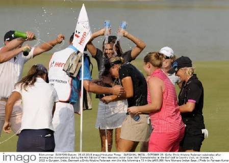 GURGAON, INDIA - OCTOBER 25: Golfer Emily Kristine Pedersen celebrates after winning the championship during the 9th Edition of Hero Womens Indian Open Golf Championship at the DLF Golf & Country Club, on October 25, 2015 in Gurgaon, India. Denmark s Emily Kristine Pedersen won the title following a 73 in the $400,000 Hero Womens Indian Open. (Photo by Parveen Kumar Hindustan Times ) 9th Edition Of Hero Womens Indian Open Golf Championship