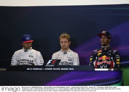 United States Grand Prix, Austin 22 - 25 October 2015 25.10.2015- Qualifying press conference PK Pressekonferenz L to r Lewis Hamilton (GBR) Mercedes AMG F1 W06 , Nico Rosberg (GER) Mercedes AMG F1 W06, Daniel Ricciardo (AUS) Red Bull Racing RB11 