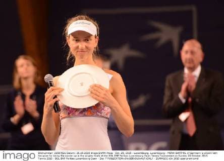 Oct. 25, 2015 - Luxembourg, Luxembourg - MONA BARTHEL of Germany is shown with her prize for being the runner up in the singles finals at the BGL BNP Paribas Luxembourg Open Tennis Tournament on Sunday 25 October 2015 Tennis 2015 - BGL BNP Paribas Luxembourg Open - Day 7 - ZUMAl132