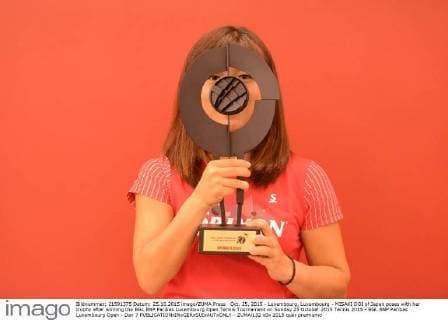 Oct. 25, 2015 - Luxembourg, Luxembourg - MISAKI DOI of Japan poses with her trophy after winning the BGL BNP Paribas Luxembourg Open Tennis Tournament on Sunday 25 October 2015 Tennis 2015 - BGL BNP Paribas Luxembourg Open - Day 7 - ZUMAl132