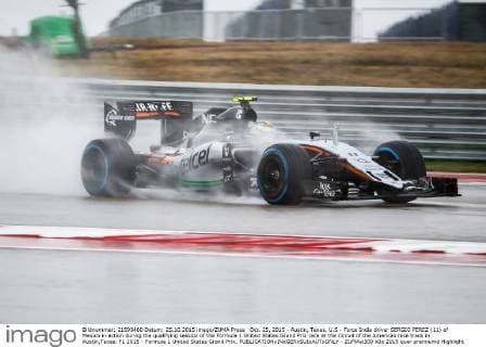 Oct. 25, 2015 - Austin, Texas, U.S - Force India driver SERGIO PEREZ (11) of Mexico in action during the qualifying session of the Formula 1 United States Grand Prix race at the Circuit of the Americas race track in Austin,Texas. F1 2015 - Formula 1 United States Grand Prix. - ZUMAw300