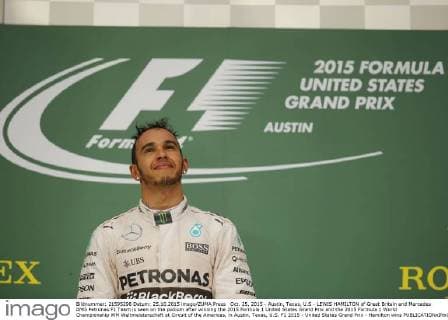 Oct. 25, 2015 - Austin, Texas, U.S - LEWIS HAMILTON of Great Britain and Mercedes AMG Petronas F1 Team is seen on the podium after winning the 2015 Formula 1 United States Grand Prix and the 2015 Formula 1 World Championship WM Weltmeisterschaft at Circuit of the Americas, in Austin, Texas, U.S. F1 2015 - United States Grand Prix - Hamilton wins - ZUMAg147
