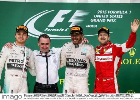 Oct. 25, 2015 - Austin, Texas, U.S - Red Bull Racing driver SEBASTIAN VETTEL (5) of Germany, Mercedes driver LEWIS HAMILTON (44) of Great Britain, and Mercedes driver NICO ROSBERG (6) of Germany stand on the podium after the Formula 1 United States Grand Prix race at the Circuit of the Americas race track in Austin,Texas. F1 2015 - Formula 1 United States Grand Prix. - ZUMAw300