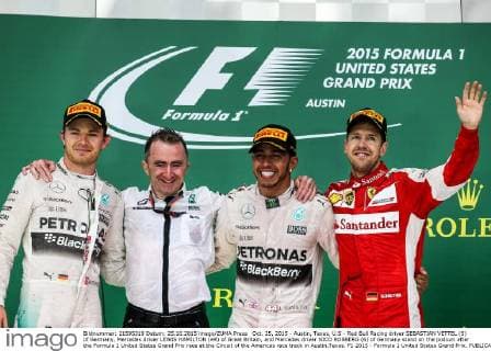 Oct. 25, 2015 - Austin, Texas, U.S - Red Bull Racing driver SEBASTIAN VETTEL (5) of Germany, Mercedes driver LEWIS HAMILTON (44) of Great Britain, and Mercedes driver NICO ROSBERG (6) of Germany stand on the podium after the Formula 1 United States Grand Prix race at the Circuit of the Americas race track in Austin,Texas. F1 2015 - Formula 1 United States Grand Prix. - ZUMAw300