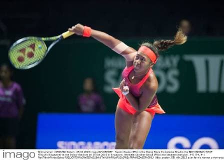 Naomi Osaka (JPN) in the Rising Stars Invitational Final in the BNP PARIBAS WTAF FINALS (Singapore) at the Indoor Stadium on 25 Oct 2015 in Singapore. She beat Caroline Garcia (FRA) and became champion. 3-5, 5-4, 4-1 NoxThirdxPartyxSales  (ldta_snpten_08)