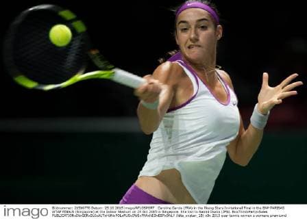 Caroline Garcia (FRA) in the Rising Stars Invitational Final in the BNP PARIBAS WTAF FINALS (Singapore) at the Indoor Stadium on 25 Oct 2015 in Singapore. She lost to Naomi Osaka (JPN). NoxThirdxPartyxSales  (ldta_snpten_18)