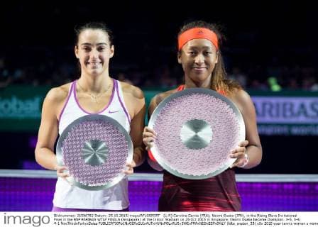 (L-R) Caroline Garcia (FRA), Naomi Osaka (JPN), in the Rising Stars Invitational Final in the BNP PARIBAS WTAF FINALS (Singapore) at the Indoor Stadium on 25 Oct 2015 in Singapore. Naomi Osaka became champion. 3-5, 5-4, 4-1 NoxThirdxPartyxSales  (ldta_snpten_33)