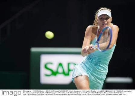 Maria Sharapova (RUS) in the Singles in the BNP PARIBAS WTAF FINALS (Singapore) at the Indoor Stadium on 25 Oct 2015 in Singapore. She came back after her injury and beat Agnieszka Radwanska (POL). NoxThirdxPartyxSales  (ldta_snpten_39)