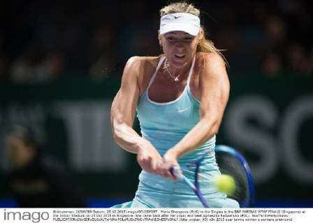 Maria Sharapova (RUS) in the Singles in the BNP PARIBAS WTAF FINALS (Singapore) at the Indoor Stadium on 25 Oct 2015 in Singapore. She came back after her injury and beat Agnieszka Radwanska (POL). NoxThirdxPartyxSales  (ldta_snpten_40)