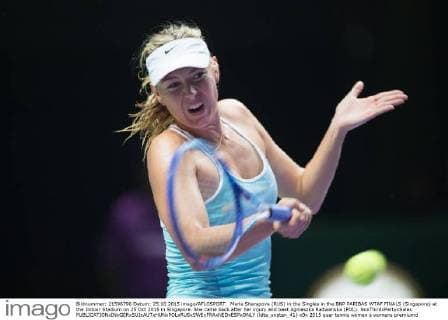 Maria Sharapova (RUS) in the Singles in the BNP PARIBAS WTAF FINALS (Singapore) at the Indoor Stadium on 25 Oct 2015 in Singapore. She came back after her injury and beat Agnieszka Radwanska (POL). NoxThirdxPartyxSales  (ldta_snpten_41)