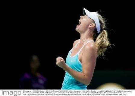 Maria Sharapova (RUS) in the Singles in the BNP PARIBAS WTAF FINALS (Singapore) at the Indoor Stadium on 25 Oct 2015 in Singapore. She came back after her injury and beat Agnieszka Radwanska (POL). NoxThirdxPartyxSales  (ldta_snpten_56)