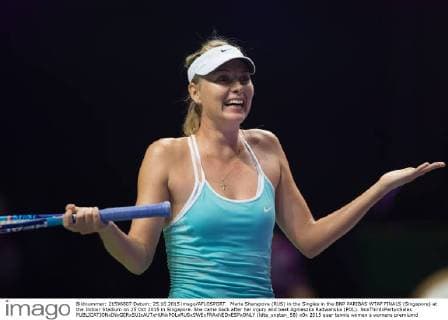 Maria Sharapova (RUS) in the Singles in the BNP PARIBAS WTAF FINALS (Singapore) at the Indoor Stadium on 25 Oct 2015 in Singapore. She came back after her injury and beat Agnieszka Radwanska (POL). NoxThirdxPartyxSales  (ldta_snpten_58)