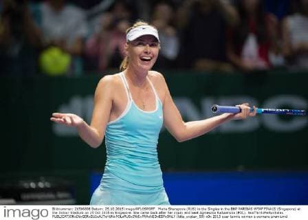 Maria Sharapova (RUS) in the Singles in the BNP PARIBAS WTAF FINALS (Singapore) at the Indoor Stadium on 25 Oct 2015 in Singapore. She came back after her injury and beat Agnieszka Radwanska (POL). NoxThirdxPartyxSales  (ldta_snpten_59)