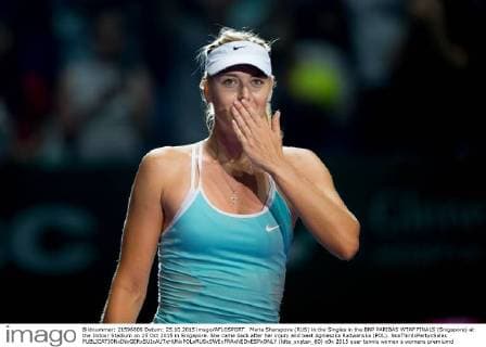 Maria Sharapova (RUS) in the Singles in the BNP PARIBAS WTAF FINALS (Singapore) at the Indoor Stadium on 25 Oct 2015 in Singapore. She came back after her injury and beat Agnieszka Radwanska (POL). NoxThirdxPartyxSales  (ldta_snpten_60)