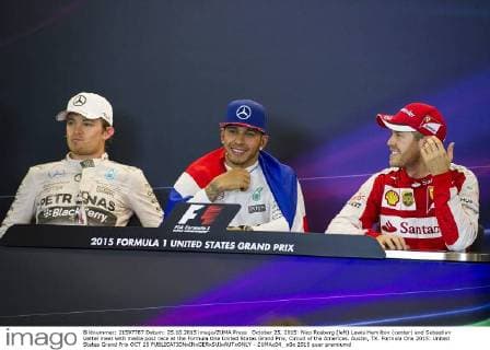 October 25, 2015: Nico Rosberg (left) Lewis Hamilton (center) and Sebastian Vettel meet with media post race at the Formula One United States Grand Prix, Circuit of the Americas. Austin, TX. Formula One 2015: United States Grand Prix OCT 25 - ZUMAc04_
