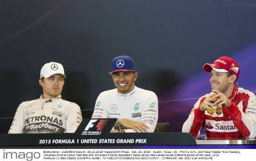 Oct. 25, 2015 - Austin, Texas, US - From L to R, 2nd Place finisher Nico Rosberg, 1st place finisher Lewis Hamilton and 3rd place finisher Sebastian Vettel being interviewed about different points of the race. 2015 Formula 1 United States Grand Prix Austin, Tx - ZUMAm147