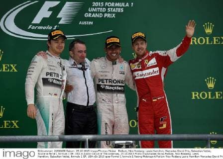 Podium, Nico Rosberg; Lewis Hamilton; Mercedes Grand Prix, Sebastian Vettel, Scuderia Ferrari, formula 1 GP, USA in Austin Circuit of The Americas, 25.10.2015 Photo:mspb Lukas Gorys Podium, Nico Rosberg; Lewis Hamilton; Sebastian Vettel, formula 1 GP, USA
