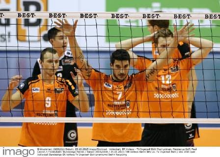 Volleyball, BR Volleys - TV Ingersoll Bühl Paul Lotman, Nicolas Le Goff, Paul Carroll Volleyball Bundesliga Herren Saison 2015 2016 25.10.2015 BR Volleys Berlin BRV vs. TV Ingersoll Bühl
