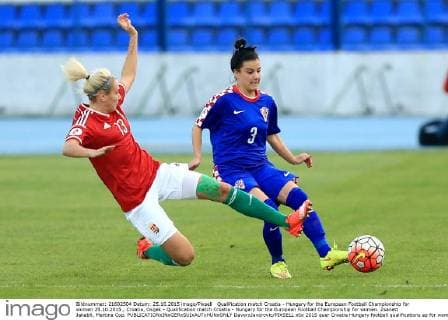 Qualification match Croatia - Hungary for the European Football Championship for women 25.10.2015., Croatia, Osijek - Qualification match Croatia - Hungary for the European Football Championship for women. Zsanett Jakabfi, Martina Cop.  DavorxJavorovic PIXSELL
