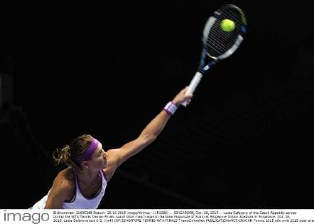 (151026) -- SINGAPORE, Oct. 26, 2015 -- Lucie Safarova of the Czech Republic serves during the WTA Tennis Damen Finals round robin match against Garbine Muguruza of Spain at Singapore Indoor Stadium in Singapore, Oct. 26, 2015. Lucie Safarova lost 0-2. )(wll) (SP)SINGAPORE-TENNIS-WTA FINALS ThenxChihxWey 