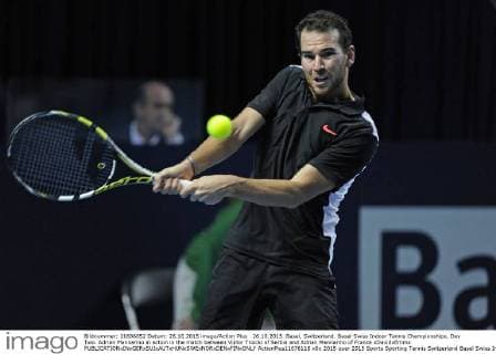 26.10.2015. Basel, Switzerland. Basel Swiss Indoor Tennis Championships. Day Two. Adrian Mannarino in action in the match between Viktor Troicki of Serbia and Adrian Mannarino of France xDavidxEmmx  ActionPlus11676118