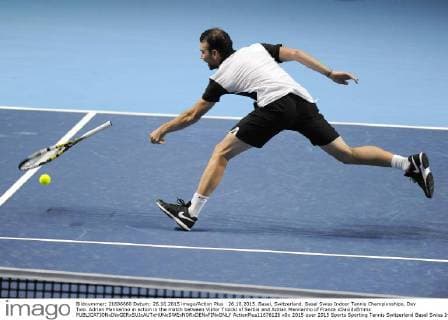 26.10.2015. Basel, Switzerland. Basel Swiss Indoor Tennis Championships. Day Two. Adrian Mannarino in action in the match between Viktor Troicki of Serbia and Adrian Mannarino of France xDavidxEmmx  ActionPlus11676126