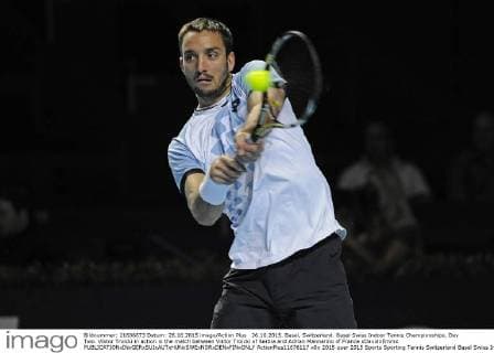 26.10.2015. Basel, Switzerland. Basel Swiss Indoor Tennis Championships. Day Two. Viktor Troicki in action in the match between Viktor Troicki of Serbia and Adrian Mannarino of France xDavidxEmmx  ActionPlus11676117