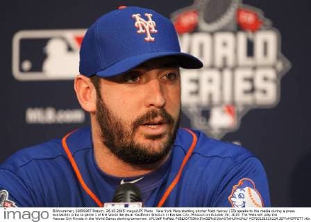 New York Mets starting pitcher Matt Harvey (33) speaks to the media during a press availability prior to game 1 of the World Series at Kauffman Stadium in Kansas City, Missouri on October 26, 2015. The Mets will play the Kansas City Royals in the World Series starting tomorrow. UPI Jeff Moffett  KCP20151026114 JEFFxMOFFETT