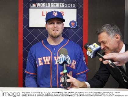 New York Mets first baseman Lucas Duda (21) speaks to the media during a press availability prior to game 1 of the World Series at Kauffman Stadium in Kansas City, Missouri on October 26, 2015. The Mets will play the Kansas City Royals in the World Series starting tomorrow. UPI Jeff Moffett  KCP20151026119 JEFFxMOFFETT
