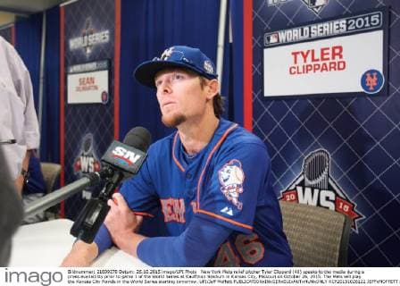 New York Mets relief pitcher Tyler Clippard (46) speaks to the media during a press availability prior to game 1 of the World Series at Kauffman Stadium in Kansas City, Missouri on October 26, 2015. The Mets will play the Kansas City Royals in the World Series starting tomorrow. UPI Jeff Moffett  KCP20151026122 JEFFxMOFFETT