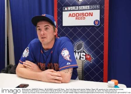 New York Mets relief pitcher Addison Reed (43) speaks to the media during a press availability prior to game 1 of the World Series at Kauffman Stadium in Kansas City, Missouri on October 26, 2015. The Mets will play the Kansas City Royals in the World Series starting tomorrow. UPI Jeff Moffett  KCP20151026127 JEFFxMOFFETT