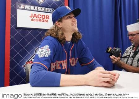 New York Mets starting pitcher Jacob deGrom (48) speaks to the media during a press availability prior to game 1 of the World Series at Kauffman Stadium in Kansas City, Missouri on October 26, 2015. The Mets will play the Kansas City Royals in the World Series starting tomorrow. UPI Jeff Moffett  KCP20151026128 JEFFxMOFFETT