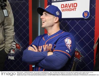 New York Mets third baseman David Wright (5) speaks to the media during a press availability prior to game 1 of the World Series at Kauffman Stadium in Kansas City, Missouri on October 26, 2015. The Mets will play the Kansas City Royals in the World Series starting tomorrow. UPI Jeff Moffett  KCP20151026131 JEFFxMOFFETT