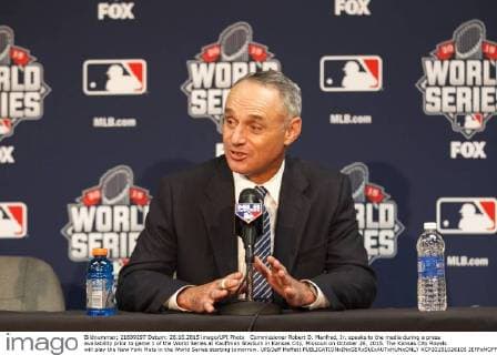 Commissioner Robert D. Manfred, Jr. speaks to the media during a press availability prior to game 1 of the World Series at Kauffman Stadium in Kansas City, Missouri on October 26, 2015. The Kansas City Royals will play the New York Mets in the World Series starting tomorrow. UPI Jeff Moffett  KCP20151026105 JEFFxMOFFETT
