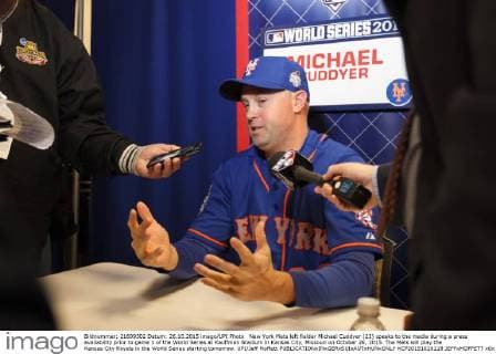 New York Mets left fielder Michael Cuddyer (23) speaks to the media during a press availability prior to game 1 of the World Series at Kauffman Stadium in Kansas City, Missouri on October 26, 2015. The Mets will play the Kansas City Royals in the World Series starting tomorrow. UPI Jeff Moffett  KCP20151026118 JEFFxMOFFETT