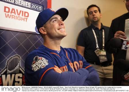 New York Mets third baseman David Wright (5) speaks to the media during a press availability prior to game 1 of the World Series at Kauffman Stadium in Kansas City, Missouri on October 26, 2015. The Mets will play the Kansas City Royals in the World Series starting tomorrow. UPI Jeff Moffett  KCP20151026125 JEFFxMOFFETT
