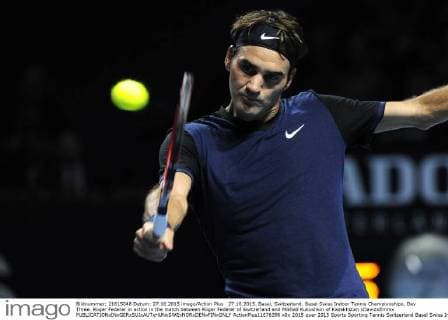 27.10.2015. Basel, Switzerland. Basel Swiss Indoor Tennis Championships. Day Three. Roger Federer in action in the match between Roger Federer of Switzerland and Mikhail Kukushkin of Kazakhstan xDavidxEmmx  ActionPlus11676396