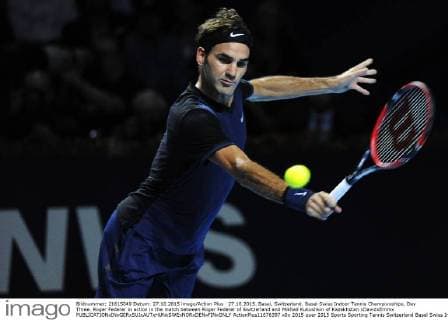 27.10.2015. Basel, Switzerland. Basel Swiss Indoor Tennis Championships. Day Three. Roger Federer in action in the match between Roger Federer of Switzerland and Mikhail Kukushkin of Kazakhstan xDavidxEmmx  ActionPlus11676397