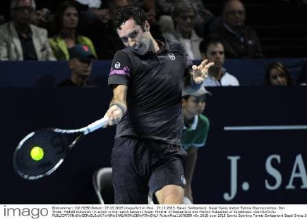 27.10.2015. Basel, Switzerland. Basel Swiss Indoor Tennis Championships. Day Three. Mikhail Kukushkin in action in the match between Roger Federer of Switzerland and Mikhail Kukushkin of Kazakhstan xDavidxEmmx  ActionPlus11676398