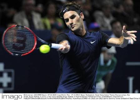 27.10.2015. Basel, Switzerland. Basel Swiss Indoor Tennis Championships. Day Three. Roger Federer in action in the match between Roger Federer of Switzerland and Mikhail Kukushkin of Kazakhstan xDavidxEmmx  ActionPlus11676406