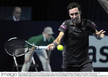 27.10.2015. Basel, Switzerland. Basel Swiss Indoor Tennis Championships. Day Three. Mikhail Kukushkin in action in the match between Roger Federer of Switzerland and Mikhail Kukushkin of Kazakhstan xDavidxEmmx  ActionPlus11676408