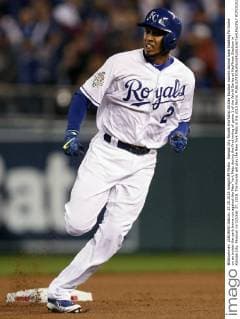Kansas City Royals shortstop Alcides Escobar rounds second base heading for home on an inside-the-park home run against the New York Mets during the first inning of game 1 of the World Series at Kauffman Stadium in Kansas City, Missouri on October 27, 2015. The Royals will play the New York Mets in the 2015 World.  KCP2015102708 JEFFxMOFFETT