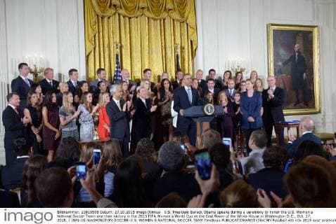 U.S. President Barack Obama speaks during a ceremony to honor the U.S. Women s National Soccer Team and their victory in the 2015 FIFA Women s World Cup at the East Room of the White House in Washington D.C., Oct. 27, 2015. ) (SP)-US-WASHINGTON-SOCCER-U.S. WOMEN S NATIONAL SOCCER TEAM YinxBogu 