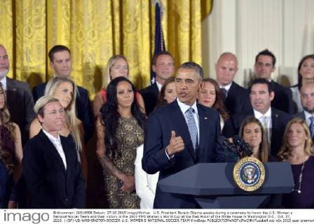 U.S. President Barack Obama speaks during a ceremony to honor the U.S. Women s National Soccer Team and their victory in the 2015 FIFA Women s World Cup at the East Room of the White House in Washington D.C., Oct. 27, 2015. ) (SP)-US-WASHINGTON-SOCCER-U.S. WOMEN S NATIONAL SOCCER TEAM YinxBogu 