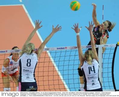 2016 CEV DenizBank Volleyball Champions League - Women - match between Eczacibasi VitrA ISTANBUL vs Pomì CASALMAGGIORE at Burhan Felek Sports Hall in Istanbul on 27 October 2015. Final Score: Eczacibasi VitrA ISTANBUL 2 - Pomì CASALMAGGIORE 3 Sets Score: ( 22-25) (18-25) (25-13) (27-25) (11-15) Pictured: Neriman Ozsoy 15 of Eczacibasi Vitra and Lauren Gibbemeyer 8 , Margareta Anna Kozuch 14 of Pomi. 