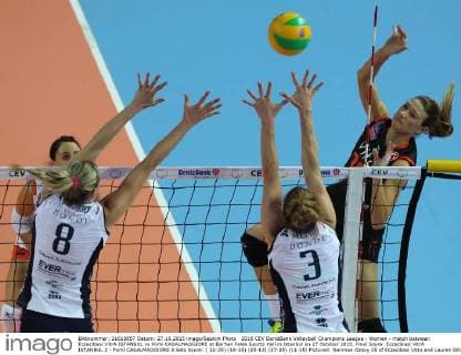 2016 CEV DenizBank Volleyball Champions League - Women - match between Eczacibasi VitrA ISTANBUL vs Pomì CASALMAGGIORE at Burhan Felek Sports Hall in Istanbul on 27 October 2015. Final Score: Eczacibasi VitrA ISTANBUL 2 - Pomì CASALMAGGIORE 3 Sets Score: ( 22-25) (18-25) (25-13) (27-25) (11-15) Pictured: Neriman Ozsoy 15 of Eczacibasi Vitra and Lauren Gibbemeyer 8 , Carli Lloyd 3 of Pomi. 