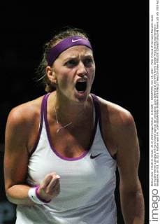 (151028) -- SINGAPORE, Oct. 28, 2015 -- Petra Kvitova of the Czech Republic reacts during the women s singles 3rd round match against her compatriot Lucie Safarova at the WTA Tennis Damen finals tennis tournament in Singapore, on Oct. 28, 2015. Kvitova won 2-0. ) (SP)SINGAPORE-TENNIS-WTA FINALS ThenxChihxWey 
