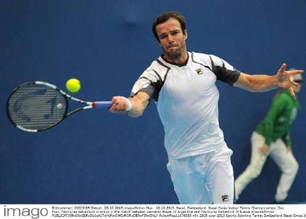 28.10.2015. Basel, Switzerland. Basel Swiss Indoor Tennis Championships. Day Four. Teymuraz Gabashvili in action in the match between Leonardo Mayer of Argentina and Teymuraz Gabashvili of Russia xDavidxEmmx  ActionPlus11676559