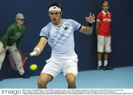 28.10.2015. Basel, Switzerland. Basel Swiss Indoor Tennis Championships. Day Four. Leonardo Mayer in action in the match between Leonardo Mayer of Argentina and Teymuraz Gabashvili of Russia xDavidxEmmx  ActionPlus11676569