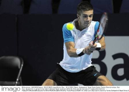 28.10.2015. Basel, Switzerland. Basel Swiss Indoor Tennis Championships. Day Four. Borna Coric in action in the match between Kevin Anderson of South Africa and Borna Coric of Croatia xDavidxEmmx  ActionPlus11676589